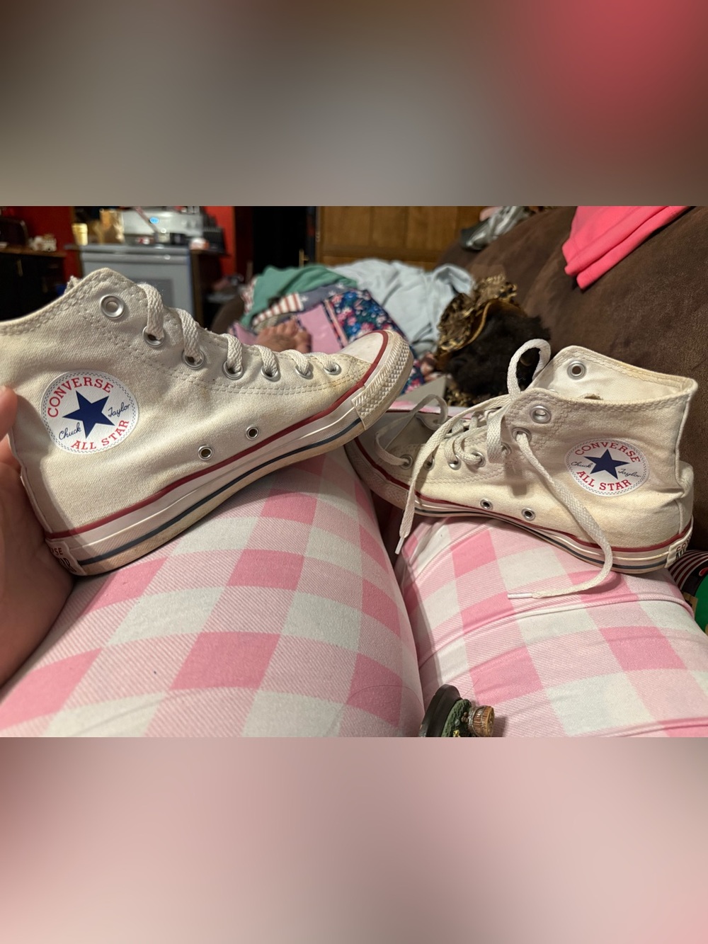Converse White High-Top Sneakers with Red and Navy Trim